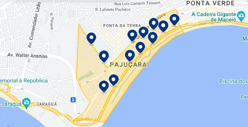 Mapa com os melhores hotéis da região de Pajuçara 