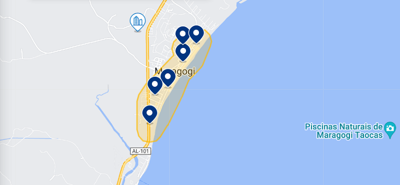 Mapa de Maragogi com região de hotéis